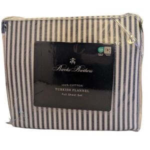Brooks Brothers Turkish Flannel Full Sheet Set 100% Cotton Blue Wht Striped NWT